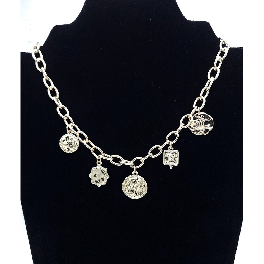J Crew Gold Charm Necklace Chunky Link Coin Pendant 16in‎ - Picture 4 of 6